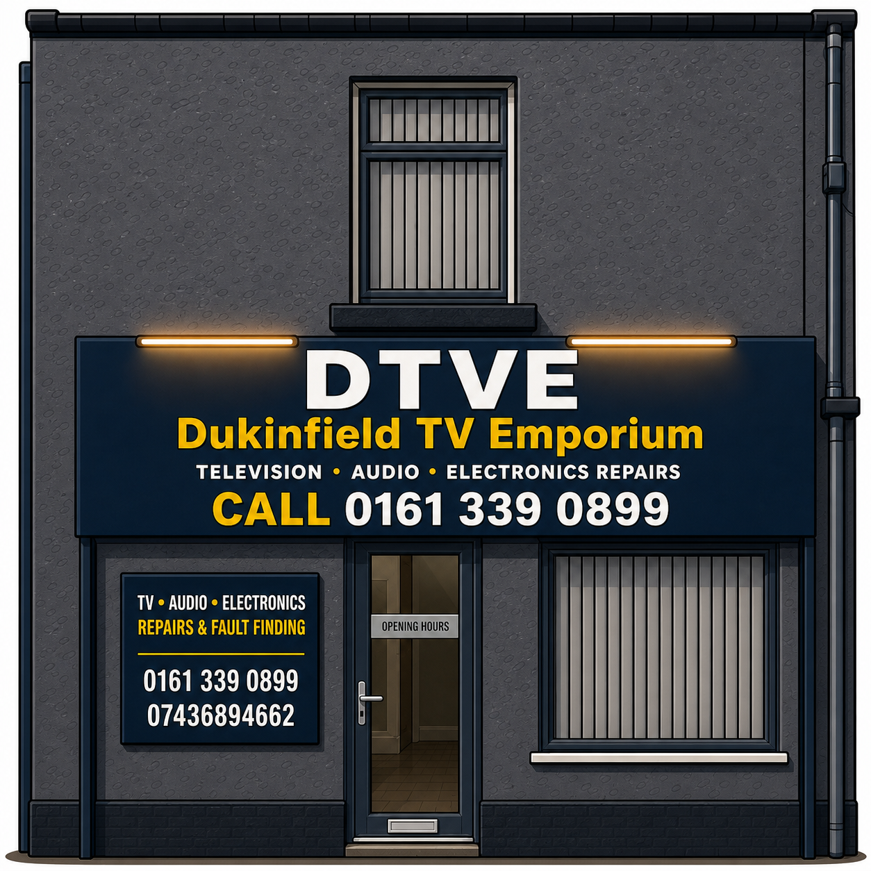 Cartoon design concept for the Dukinfield TV Emporium shopfront